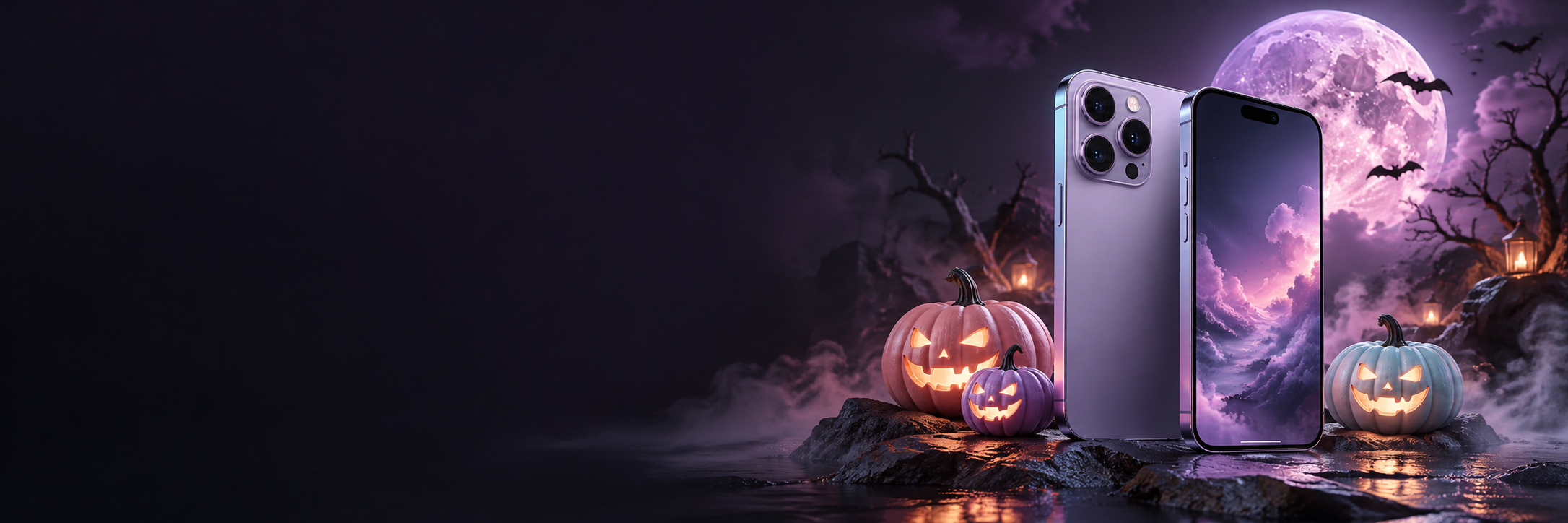 Escena de Halloween con luna lila, teléfonos y calabazas rosa, lila y celeste
